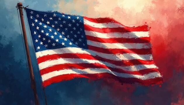 Waving american flag artwork illustration. US state symbol on independence day. Artistic patriotic banner on colored sky backdrop. Flag celebrates democracy, government events, national holidays with