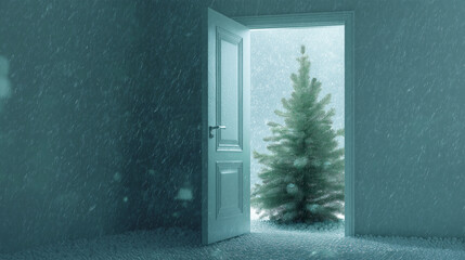 Christmas New Year Winter Scene with Pine Tree Behind an Open Door