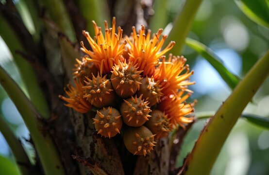 Close-up of orange Astrocaryum murumuru palm flowers and spiky unripe fruits growing on tree trunk in Amazon rainforest Brazil. Green leaves and branches surround cluster.