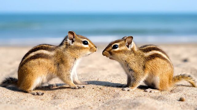 Two charming chipmunks with stripes are playfully engaging with each other on a sunlit shoreline. The delightful wild rodents are enjoying the view of the serene blue sea in the background