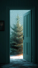 Christmas New Year Snowy Room with Open Door Revealing Christmas Tree Vertical Concept