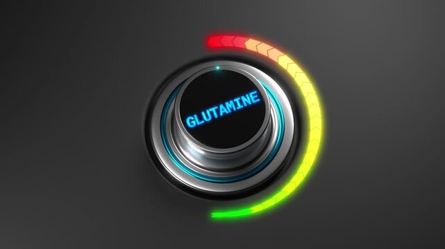3D animation of a rising glutamine level on a color dial from green to red. Ideal for fitness, recovery, muscle repair, immunity, and wellness-related visuals.