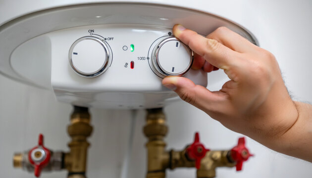 Close-up shot of a hand adjusting the dial on a water heater for temperature control, highlighting home maintenance and comfort