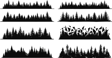 Horizontal Coniferous Forest Treeline Silhouettes Vector Set, Wilderness Nature Landscape Graphics, Abstract and Mountainous Evergreen Banners, Outdoor Design Elements Collection for Headers. © MD