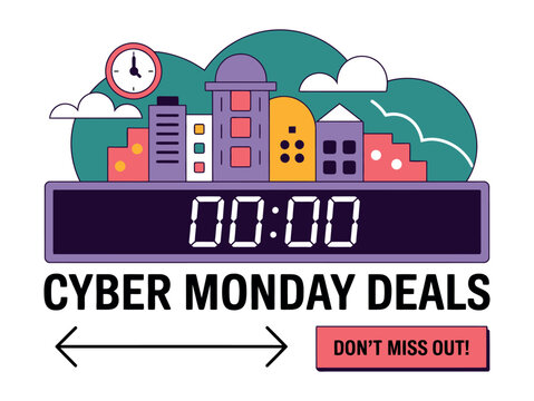 Cyber Monday deals are advertised with a city skyline and a digital clock showing 00:00.
