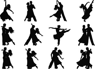 Silhouettes of dancing couples, dance poses, elegant choreography, black silhouettes, partner dancing, expressive movement, dynamic motion, artistic performance, graceful figures, romantic 