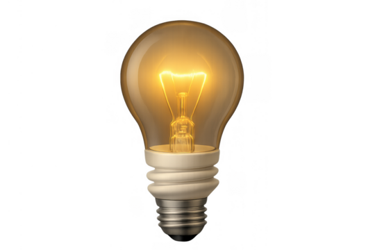 Glowing light bulb illuminating an idea, representing innovation, inspiration, invention, and electric energy on transparent background