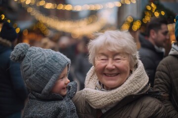 Joyful moments shared between grandmother and grandson at the market