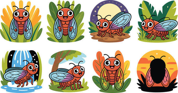 Charming Cartoon Cicadas in Various Natural Scenes and Times of Day Keywords: cicada, cute, cartoon, character, illustration, drawing, nature, garden, leaves, grass, sun, daytime, night, moon