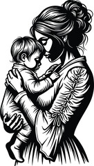 Mother holding baby, touching foreheads, emotional bond, floral dress detail, black and white, love and care, flat vector illustration