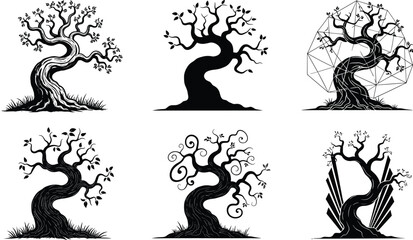Stylized Gnarled Ancient Tree Silhouettes Vector Pack, Twisted Trunk Graphics, Abstract Nature Elements, Symbolic Art, Geometric, Magic, and Fantasy Design Collection.