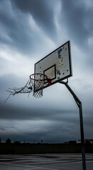 A weathered basketball hoop with a tattered net stands against a dramatic, cloudy sky, suggesting a sense of abandonment and the passage of time.