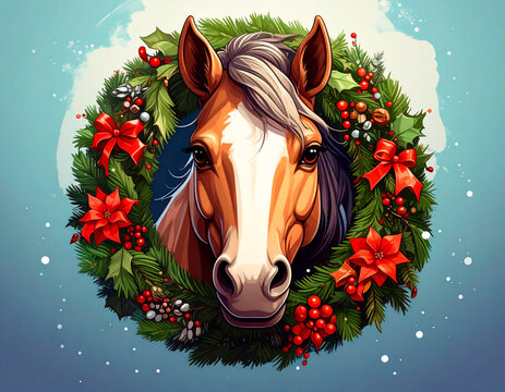 horse with christmas wreath