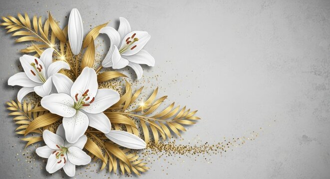 Elegant white lilies with golden foliage on a textured gray background