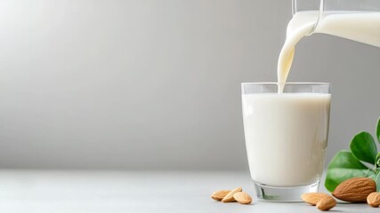 Fresh almond milk pouring from a glass jug into a clear glass against a bright neutral backdrop, showcasing a creamy, plant based, dairy free breakfast beverage for a healthy lifestyle