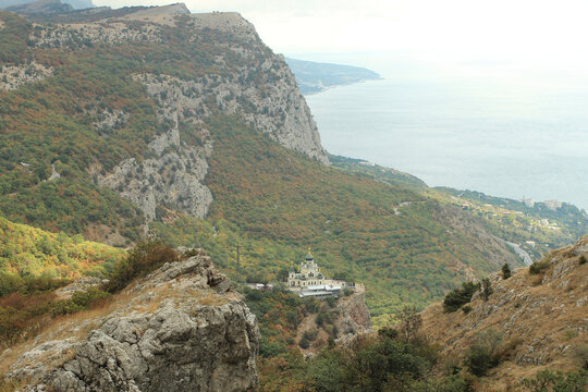 view of the Foros Church from the mountain ridge