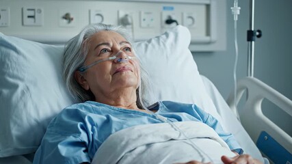 Hopeful elderly woman with a nasal cannula resting in a hospital bed, looking towards the light. Patient recovering after treatment