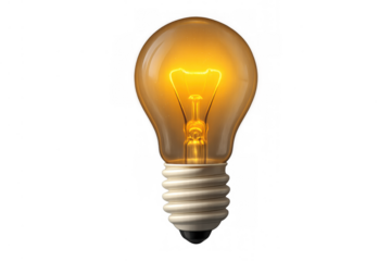 Glowing incandescent light bulb illuminating, representing new ideas, innovation, creativity, problem-solving, inspiration on transparent