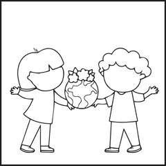 Children’s Day Flower Gift Illustration | Cute Boy & Girl Line Art