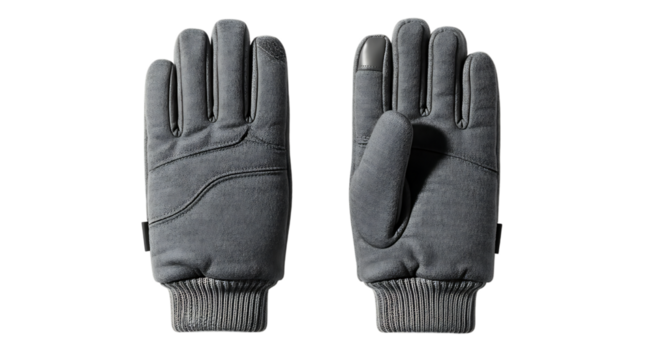 Pair of gray suede gloves with ribbed cuffs and touchscreen fingertips, cutout, PNG isolated on white or transparent background