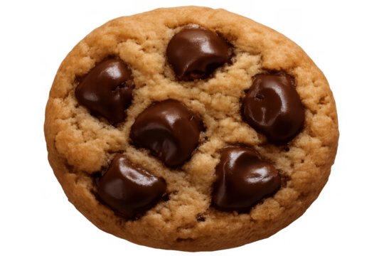 Chocolate chip cookie with melting chocolate chunks on transparent background, a sweet dessert snack