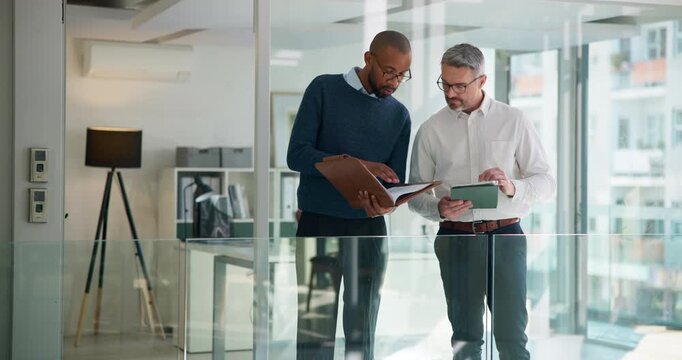 Business men, document and discussion in office with finance report, budget review and statement. Accountant, meeting and tablet with tech for financial audit and company performance evaluation