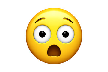 Yellow emoji face with wide eyes and open mouth showing surprise and shock, cutout, PNG isolated on white or transparent background