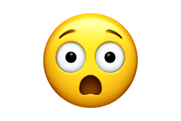 Yellow emoji face with wide eyes and open mouth showing surprise and shock, cutout, PNG isolated on white or transparent background