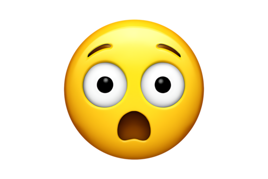Yellow emoji face with wide eyes and open mouth showing surprise and shock, cutout, PNG isolated on white or transparent background