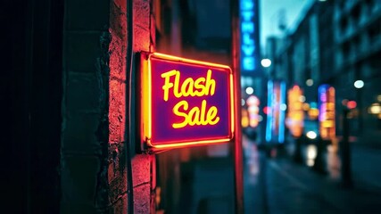 Bright flash sale sign in urban setting with neon lights at night