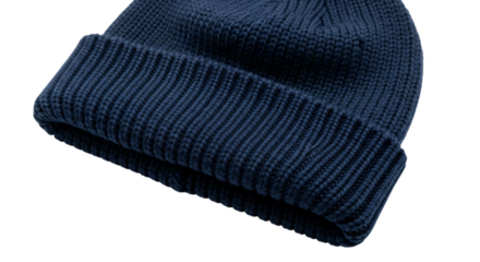 Close up of a dark blue knitted beanie with folded brim, cutout, PNG isolated on white or transparent background