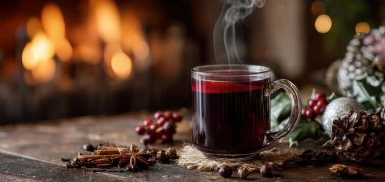 Warm cup of mulled wine beside a cozy fireplace on a winter evening