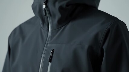 Close up of a man zipping a black technical softshell jacket with hood, showing fabric detail and waterproof protectionideal active outerwear for hiking, travel and rainy weather