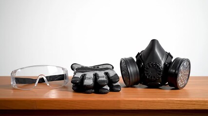 Protective gear for workers, such as a respirator, safety glasses, and gloves, emphasizing the importance of workplace health and safety in industrial settings