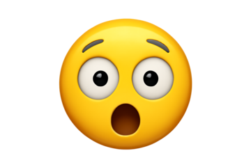 Yellow emoji face with wide eyes and open mouth expressing surprise or shock, cutout, PNG isolated on white or transparent background