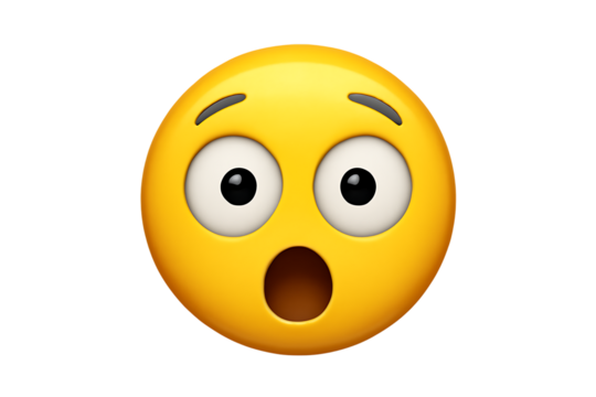 Yellow emoji face with wide eyes and open mouth expressing surprise or shock, cutout, PNG isolated on white or transparent background