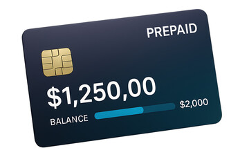 Dark blue prepaid card displaying balance of $1,250.00 against a $2,000 limit, cutout, PNG isolated on white or transparent background