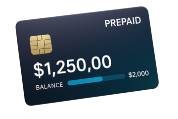 Dark blue prepaid card displaying balance of $1,250.00 against a $2,000 limit, cutout, PNG isolated on white or transparent background