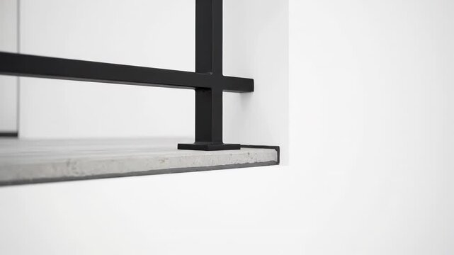 Sleek architectural feature of a cement staircase complemented by a dark metal handrail. An updated interior concept featuring minimalist aesthetics and uncluttered design