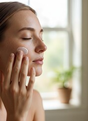 Close up of woman applying cream to face moisturizing skin with closed eyes spa