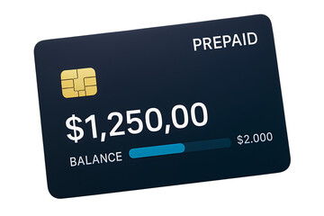 Dark blue prepaid credit card displaying $1250 balance and progress bar, cutout, PNG isolated on white or transparent background