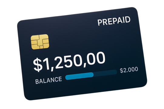 Dark blue prepaid credit card displaying $1250 balance and progress bar, cutout, PNG isolated on white or transparent background