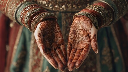 Close-up of a woman's adorned hands showcasing intricate henna patterns and colorful bangles.