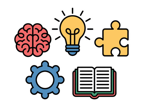 These five icons represent elements of learning and problem-solving, including a brain, light bulb, puzzle piece, gear, and open book.