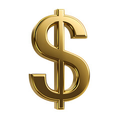 Shiny 3 D Golden Dollar Sign Symbol with Reflective Surface money, cutout, PNG isolated on white or transparent background