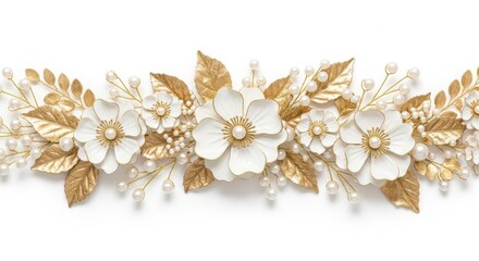 Elegant floral headband with white flowers and gold leaves
