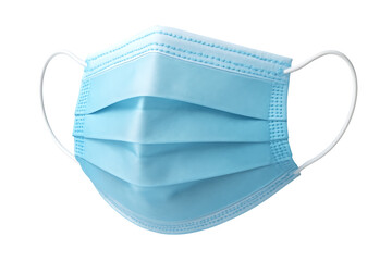 Light blue pleated disposable face mask with white ear loops isolated on a transparent background disposable mask, cutout, PNG isolated on white or transparent background