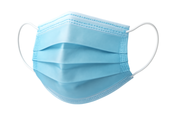 Light blue pleated disposable face mask with white ear loops isolated on a transparent background disposable mask, cutout, PNG isolated on white or transparent background