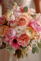 Obraz premium Beautiful Bouquet of Pastel Flowers Held by a Bride During a Wedding Ceremony in Spring