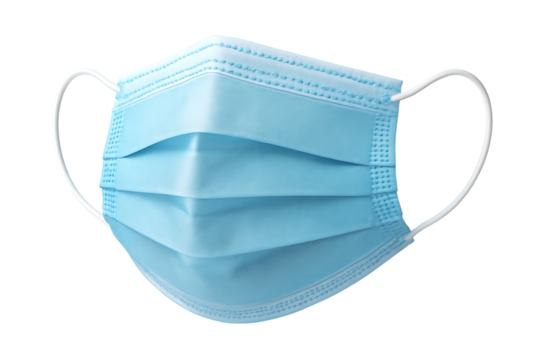Light blue pleated disposable face mask with white ear loops isolated on a transparent background disposable mask, cutout, PNG isolated on white or transparent background - Powered by Adobe